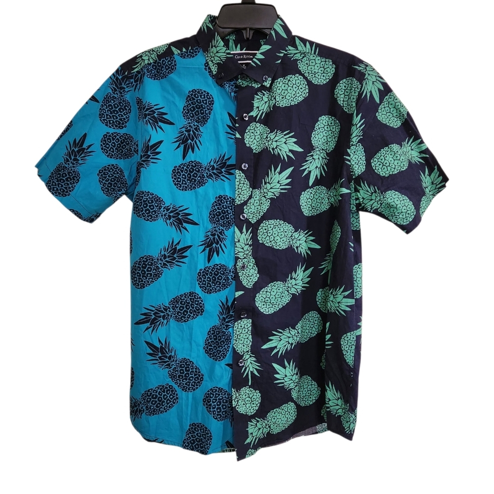 Club Room Mens Sz M Shirt Short Sleeve Button Up Pinapple Print Blue Tropical